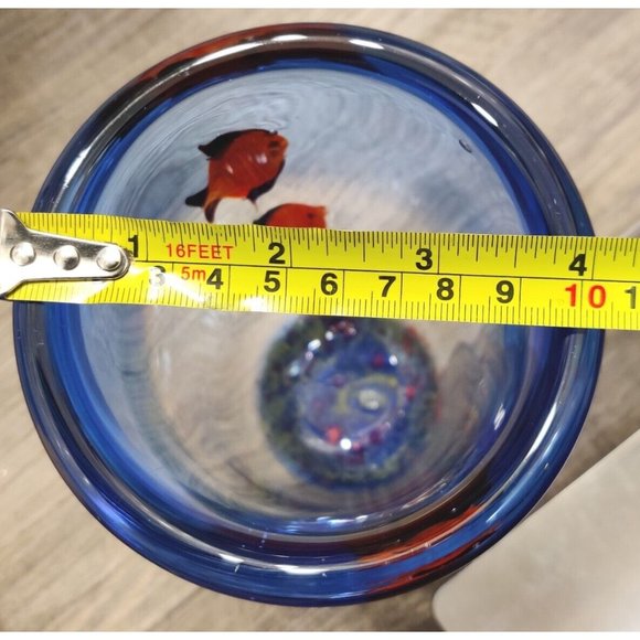 Vtg Murano? Cylinder Art Glass Ocean Fishes Vase Decor Cobalt Blue Rim 7x4" - Picture 10 of 10